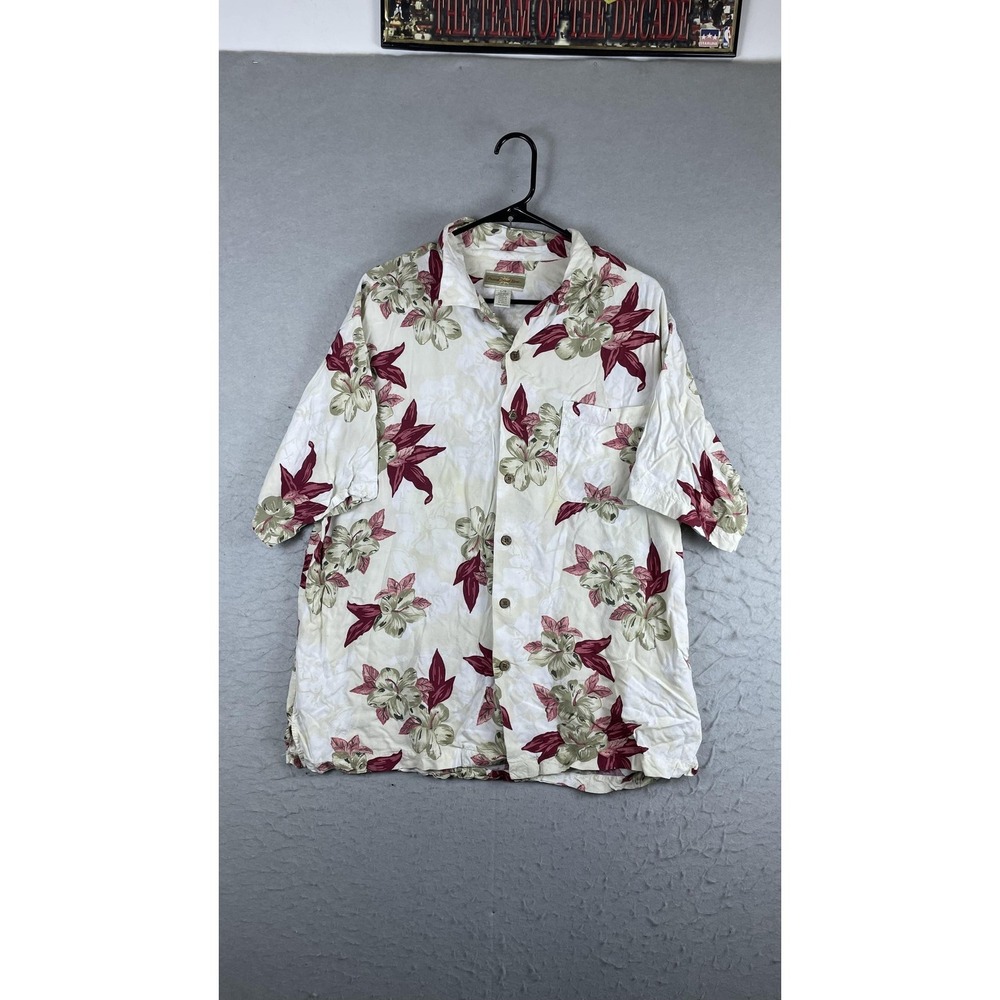 Original Island Sport Shirt Mens Large White Floral Hawaiian Short Sleeve Button